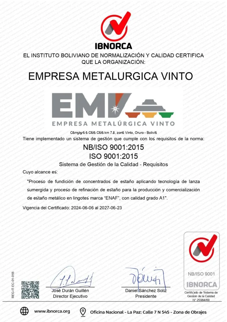 Certificados Empresa Metalúrgica Vinto 2